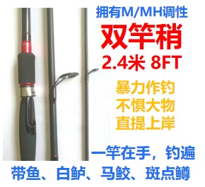(K3) 【2.4米双竿稍路亚竿】8ft M/MH调双竿稍碳素竿，钓带鱼、斑点鳟、白鲈鱼和马鲛 一竿多用